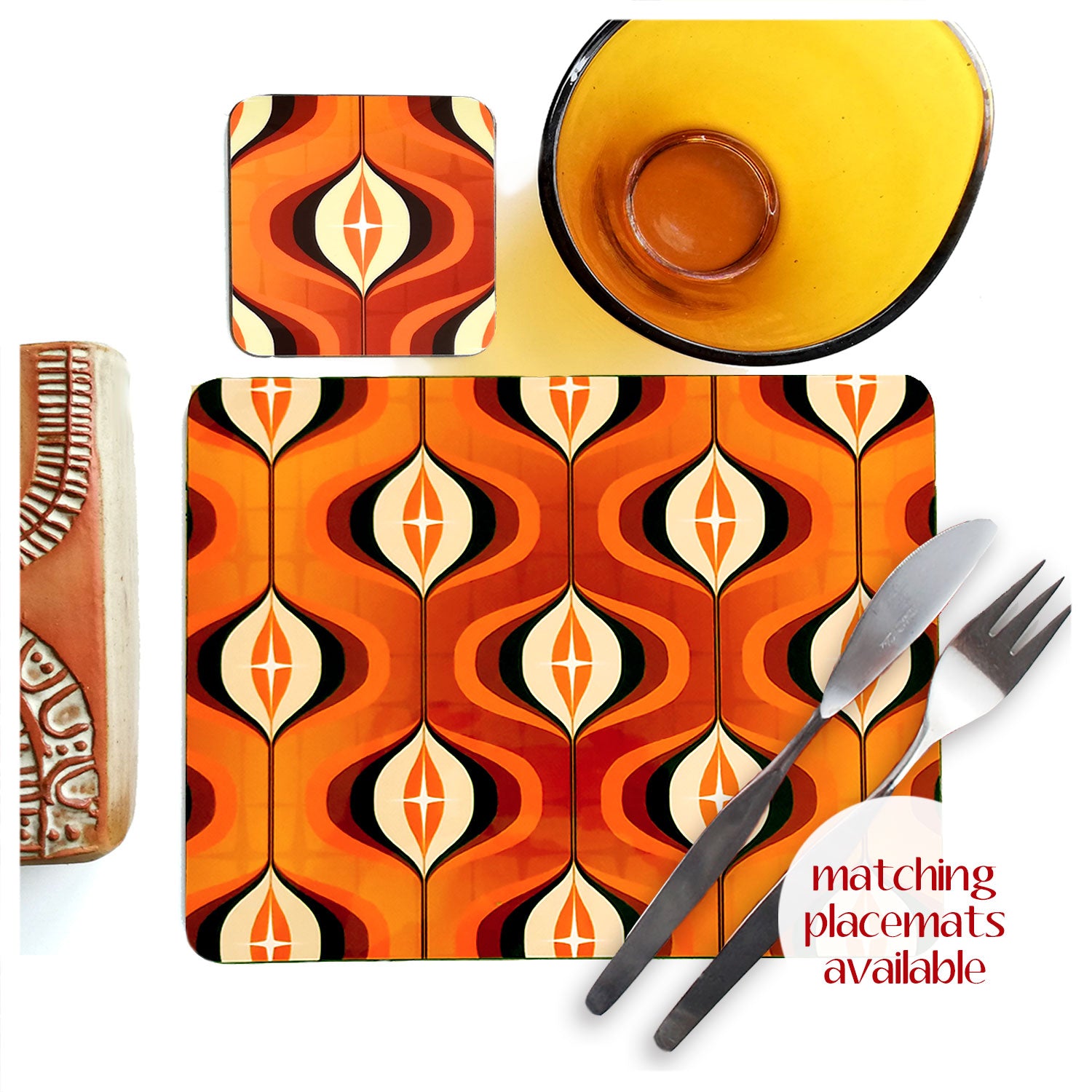 1970s Op Art Coasters, Orange, set of four