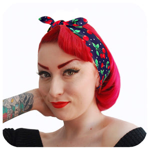 Navy Cherries Bandana worn in an Alice Band style | The Inkabilly Emporium