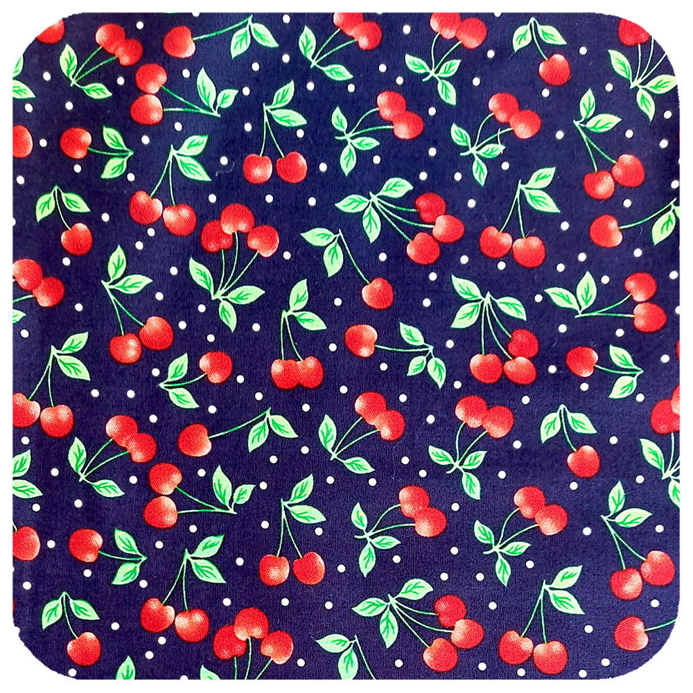 Navy Cherries Bandana, close up on fabric | The Inkabilly Emporium