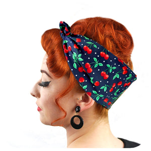 Navy Cherries Bandana worn in a Rockabilly style | The Inkabilly Emporium