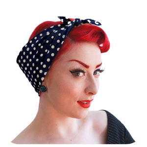 Navy Polka Dot Bandana worn in a Rockabilly style | The Inkabilly Emporium.