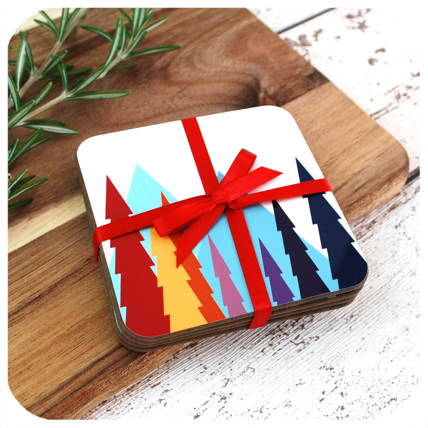 Nordic Trees Coasters, tied in red ribbon, gift wrapped as standard | The Inkabilly Emporium