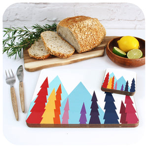 Nordic Trees Placemats and Coasters, on a table with bread and fruit | The Inkabilly Emporium