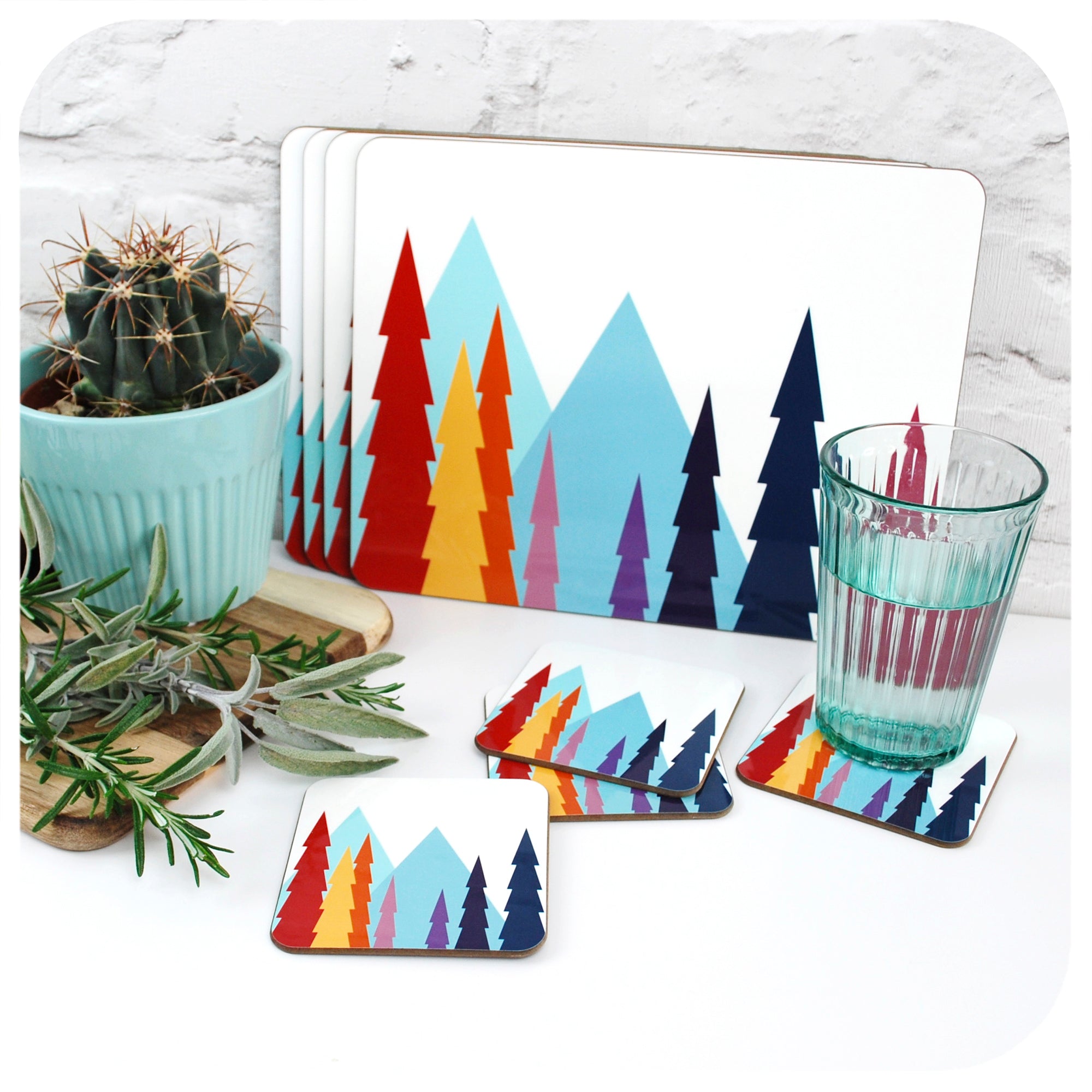 Nordic Trees Placemats and Coasters with cactus, herbs and glass of water | The Inkabilly Emporium