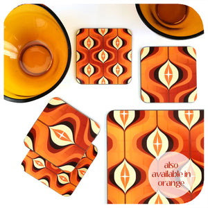 Orange 1970s Op Art Coasters & Placemat with vintage bowls | The Inkabilly Emporium