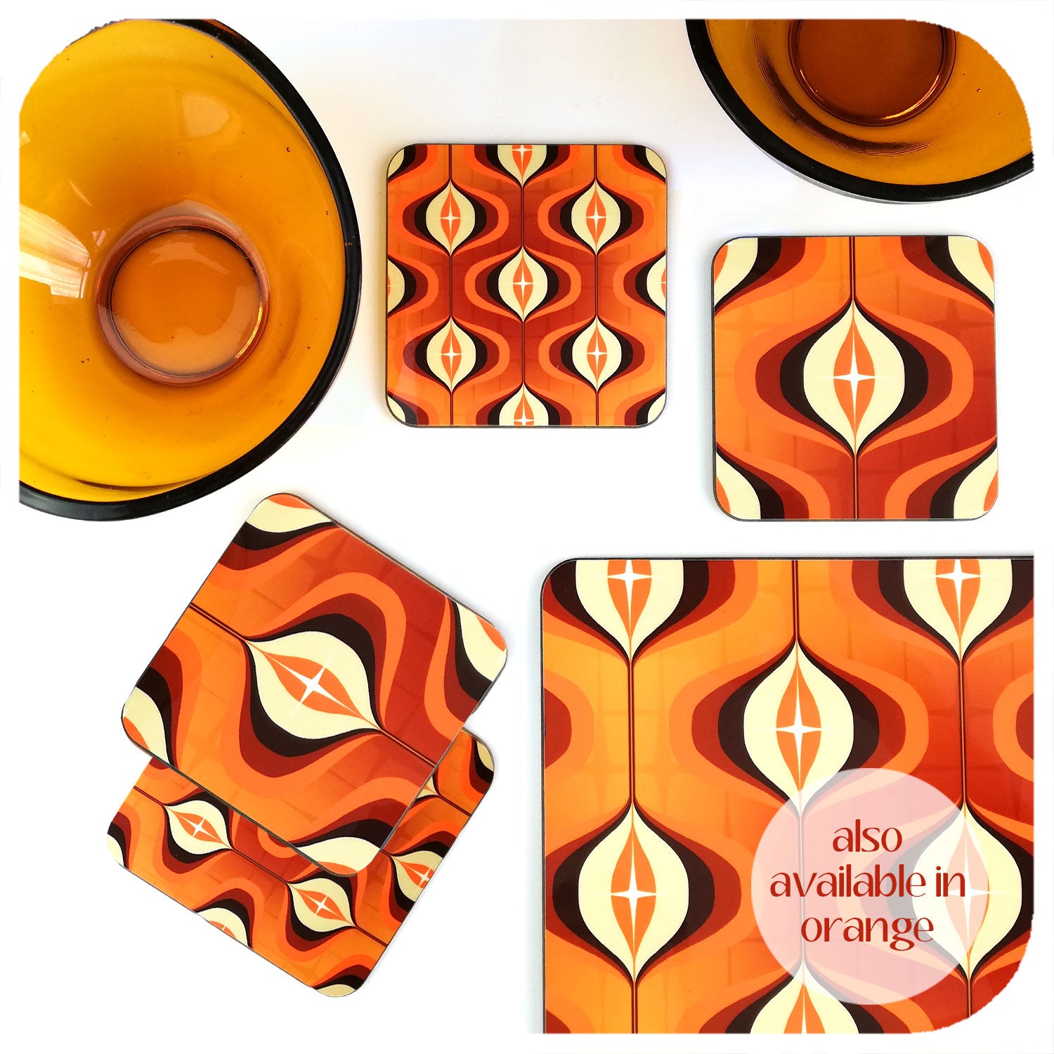 1970s Op Art Placemats & coasters in orange | The Inkabilly Emporium