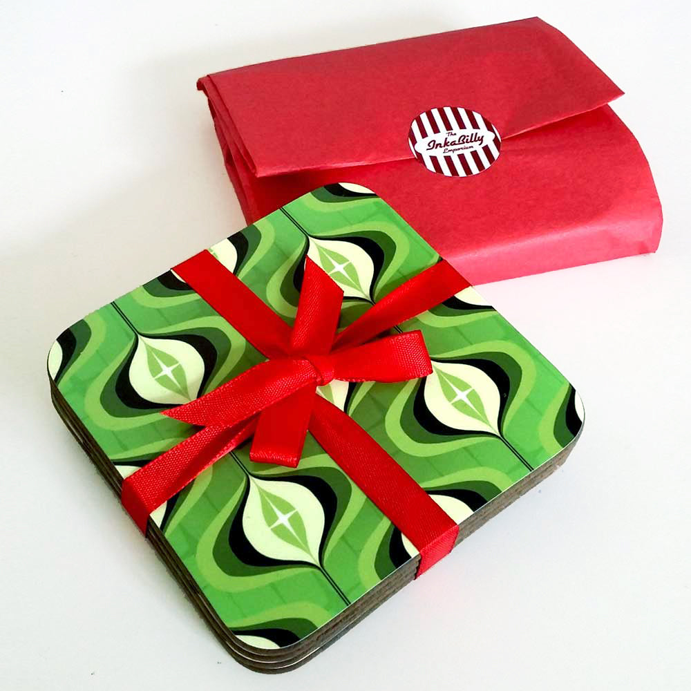 Green 70s Op Art Coasters, set of 4 wrapped in red ribbon and gift wrapped | The Inkabilly Emporium
