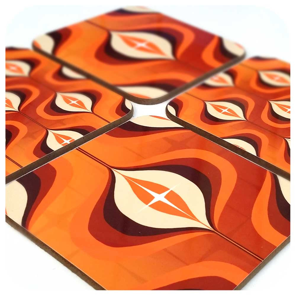 Mid century op art coasters, orange, set of four