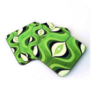 Green 70s Op Art Coasters, set of 4 in a fan arrangement | The Inkabilly Emporium