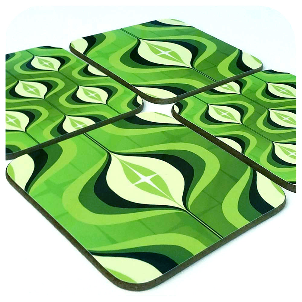 Green 70s Op Art Coasters, set of 4 | The Inkabilly Emporium