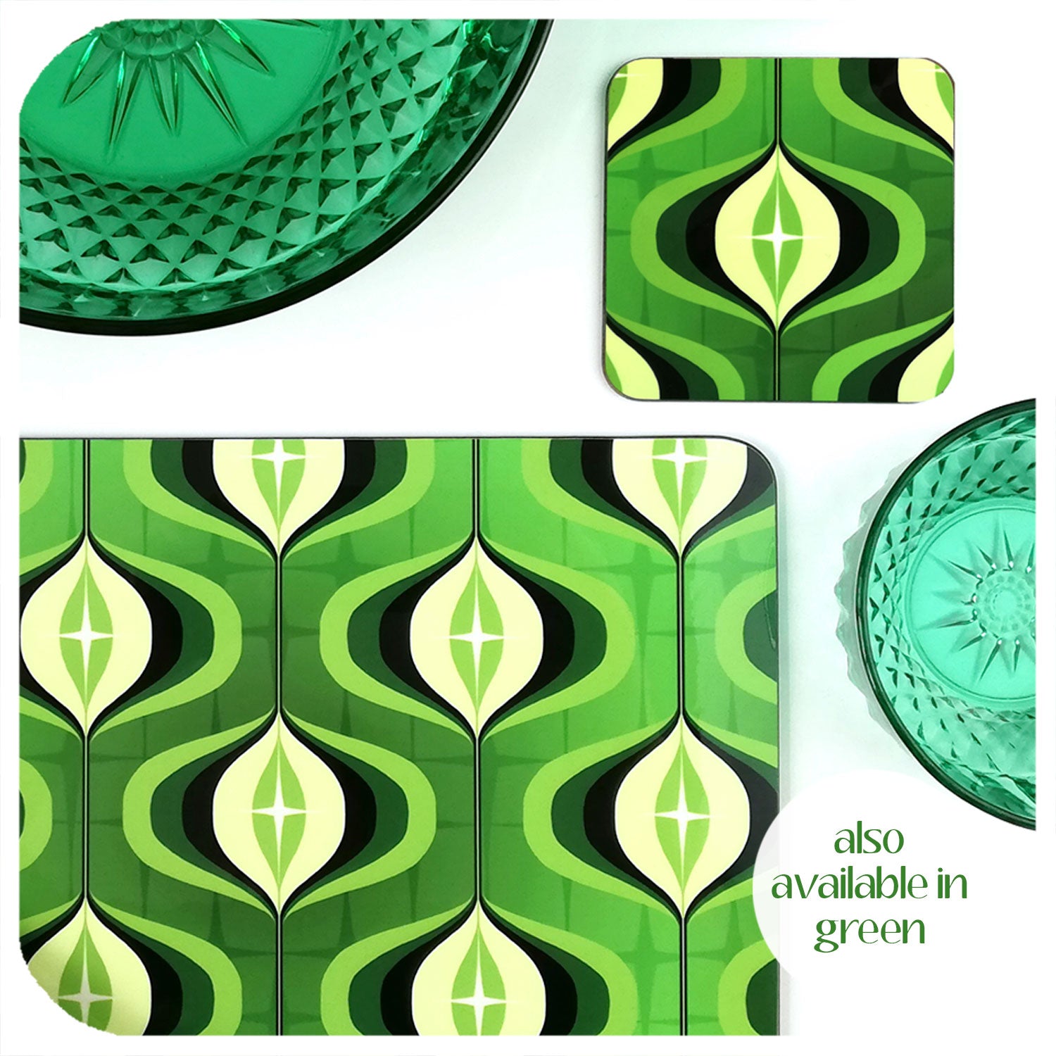 70s style Op Art Tableware in Green | The Inkabilly Emporium