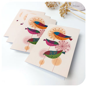 Retro Birds Blank Greetings Cards, pack of four, lying on a white table | The Inkabilly Emporium