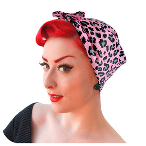 Pink Leopard Print Bandana worn in a Rosie the Riveter Style | The Inkabilly Emporium