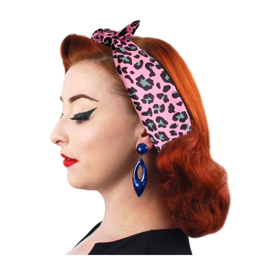 Pink Leopard Print Bandana worn in an Alice Band Style | The Inkabilly Emporium