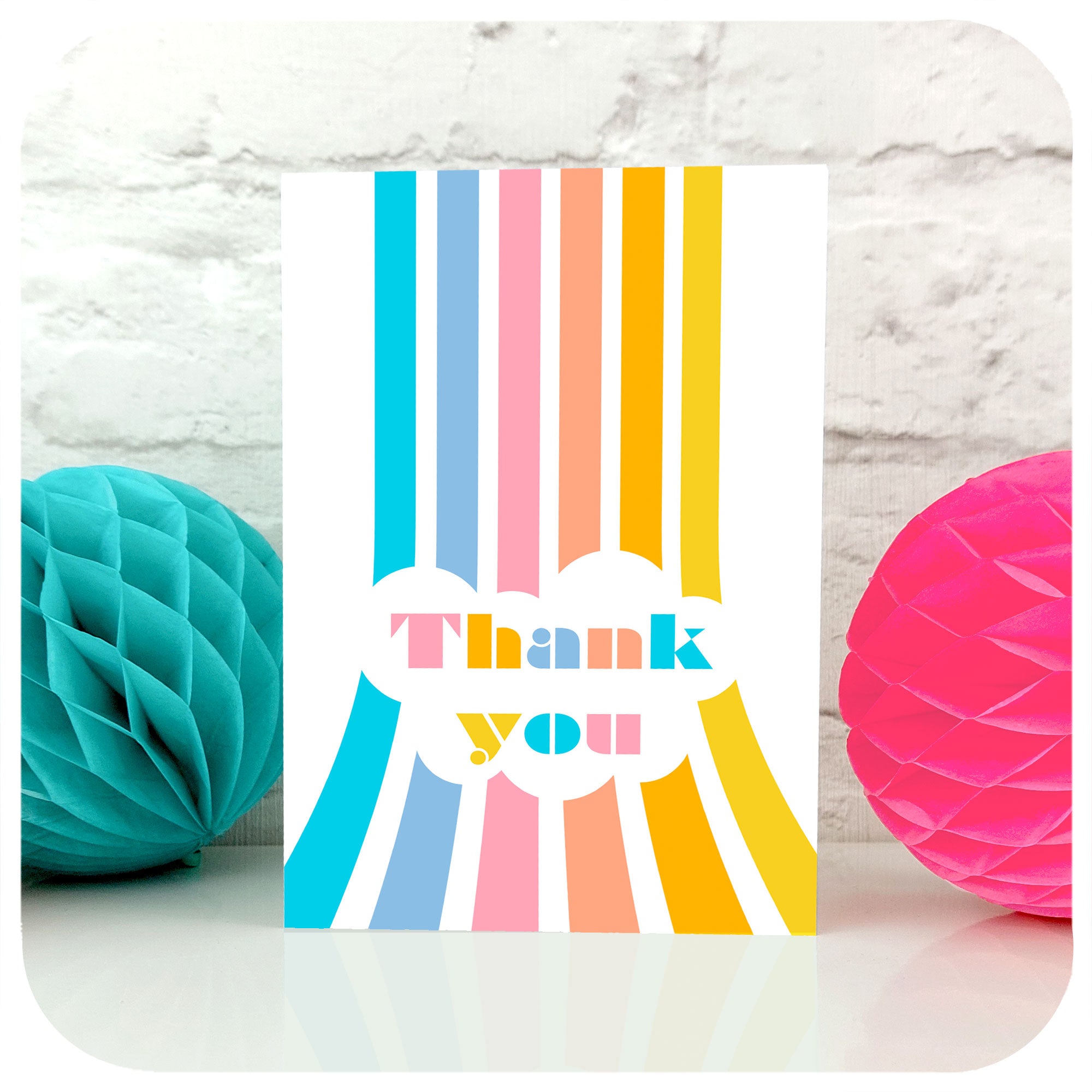 Retro Rainbow Thank You Card standing with paper decorations | The Inkabilly Emporium