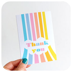 Retro Rainbow Thank You Card being held | The Inkabilly Emporium