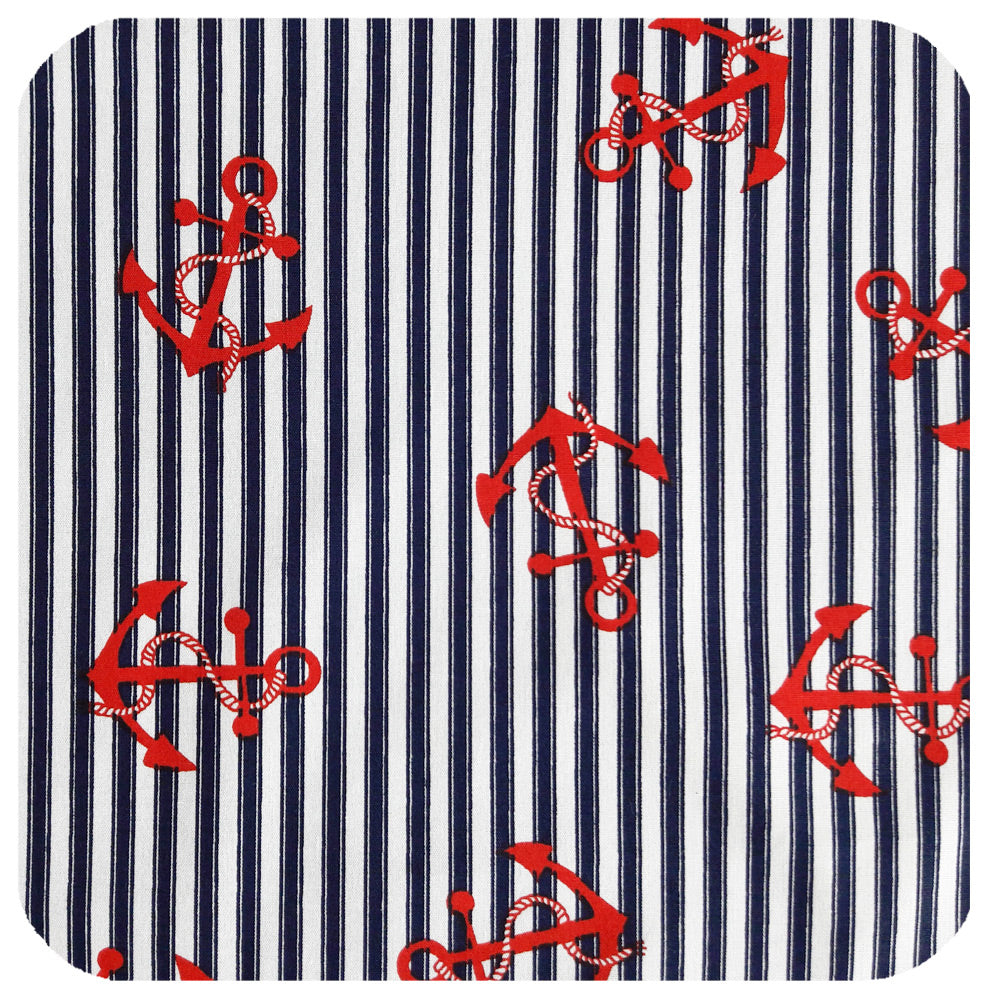 Red Anchors on Navy Stripes, close up detail of bandana fabric | The Inkabilly Emporium 
