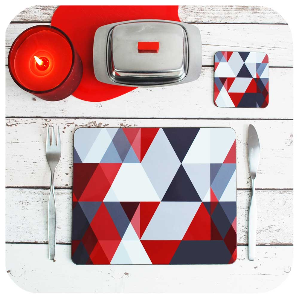 Scandinavian Red & Grey Geometric Placemat and matching Coaster | The Inkabilly Emporium