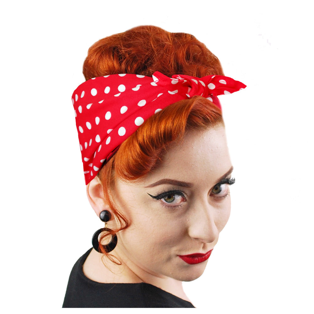 Red Polka Dot Bandana worn in a Rosie the Riveter style| The Inkabilly Emporium