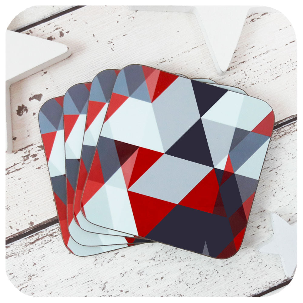 Scandi Coasters - geometric red & grey - laid out in a fan | the Inkabilly Emporium