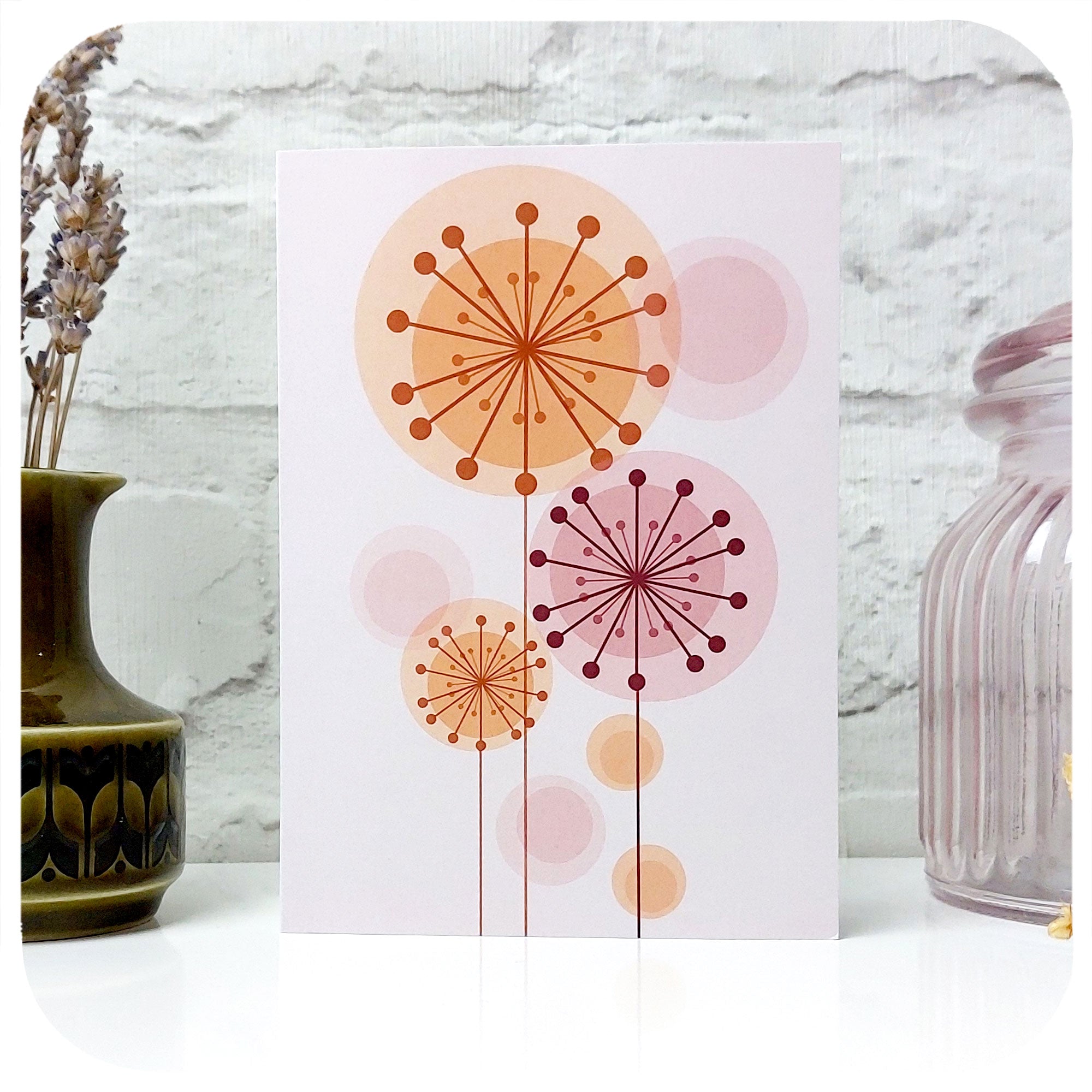 Retro Alliums Blank Greetings Card standing with vintage jug and jar | The Inkabilly Emporium