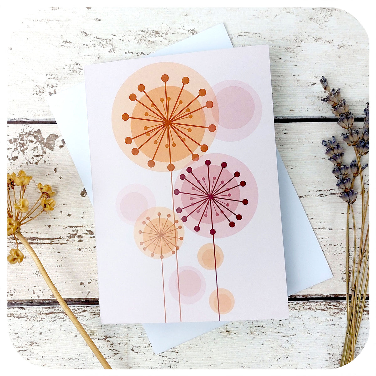 Retro Alliums Blank Greetings Card with white envelope on table with dried flowers | The Inkabilly Emporium