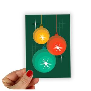 Hand held Christmas Card  featuring 3 retro style baubles  | The Inkabilly Emporium