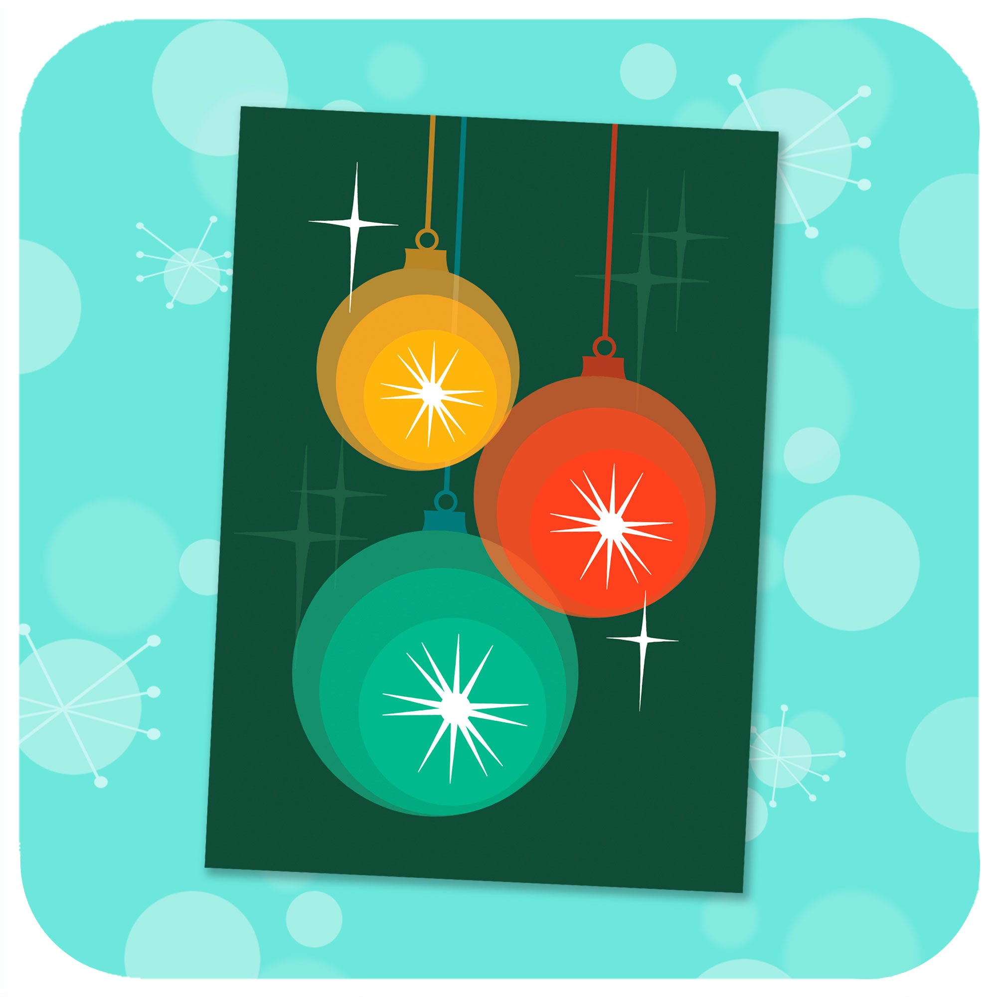 Retro Christmas Baubles Christmas Card lying on a patterned blue background featuring atomic style starbursts  | The Inkabilly Emporium