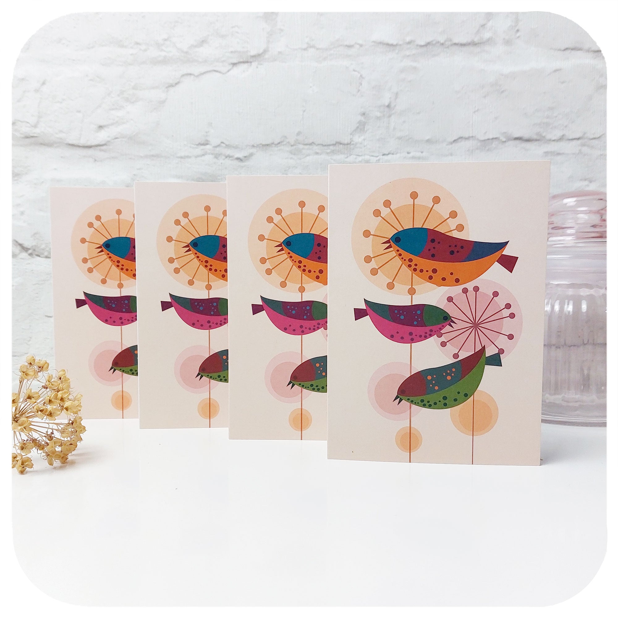 Retro Birds Blank Greetings Cards, pack of four, standing on a white table | The Inkabilly Emporium