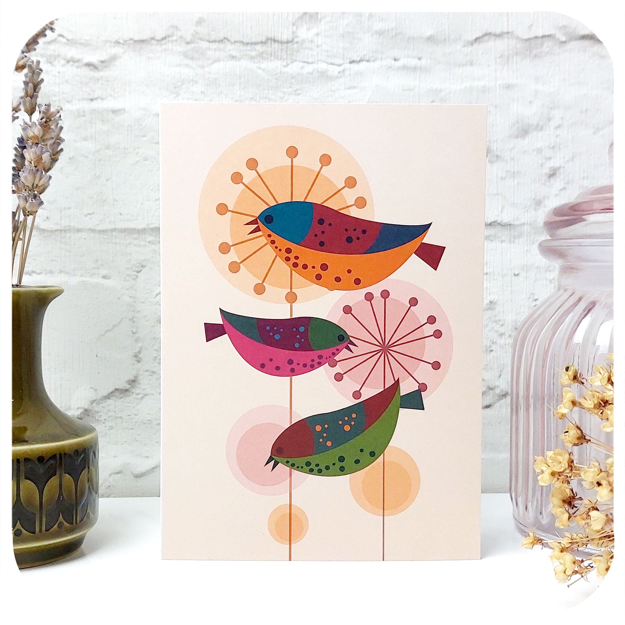 Retro Birds Blank Greetings Card standing with vintage jug and jar | The Inkabilly Emporium