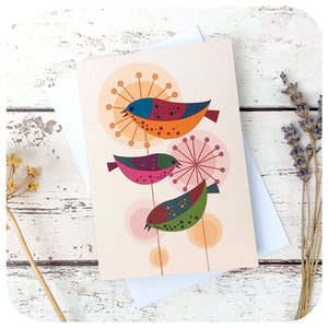 Retro Birds Blank Greetings Card with white envelope on table | The Inkabilly Emporium