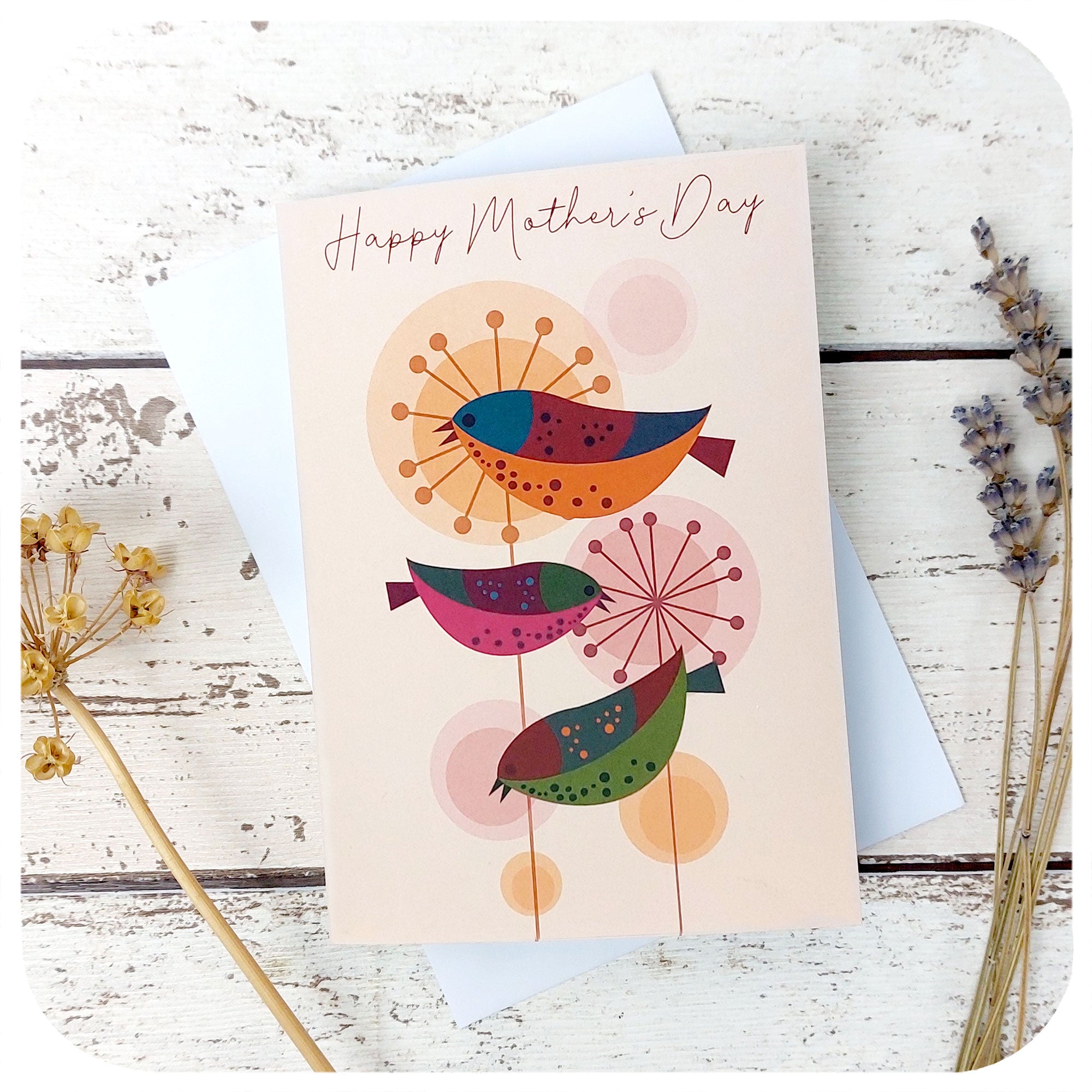 Happy Mother's Day Card featuring three retro birds on alliums with white envelope | The Inkabilly Emporium