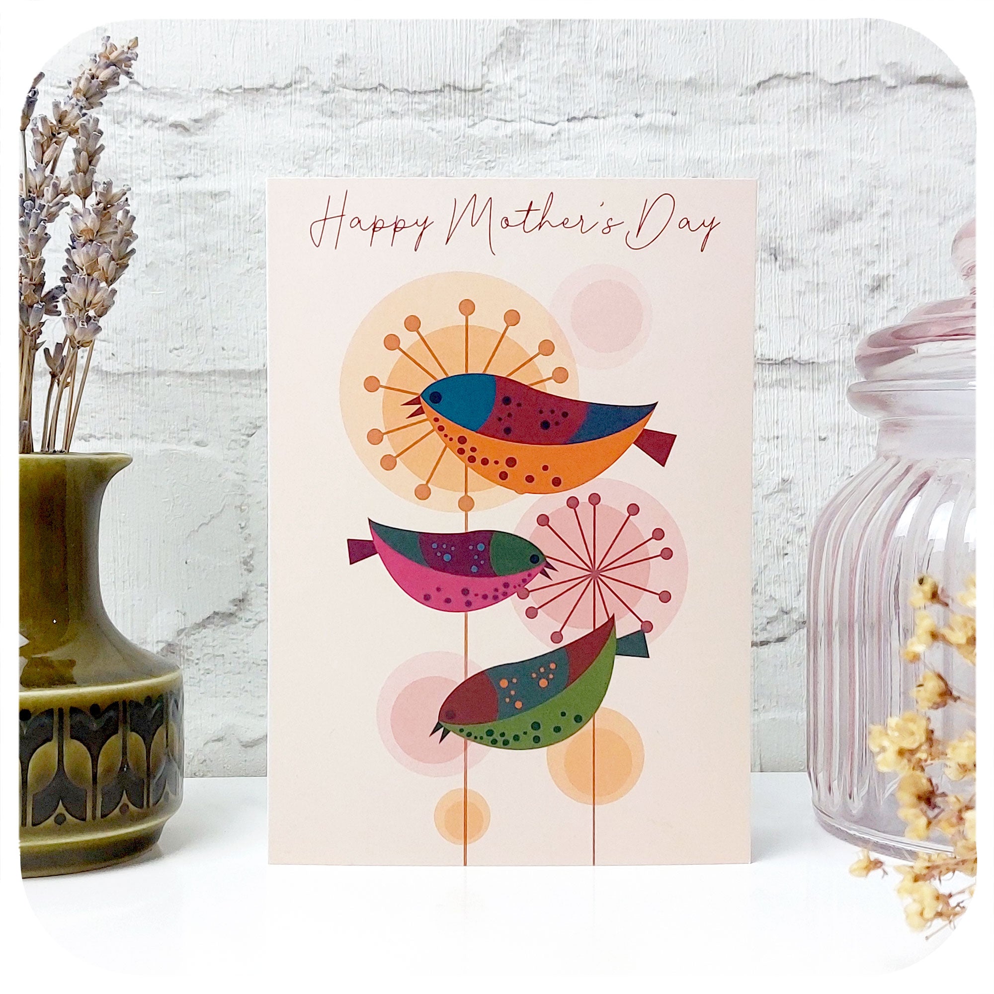 Happy Mother's Day Card featuring three retro birds on alliums standing with a vintage Hornsea jug and jar | The Inkabilly Emporium