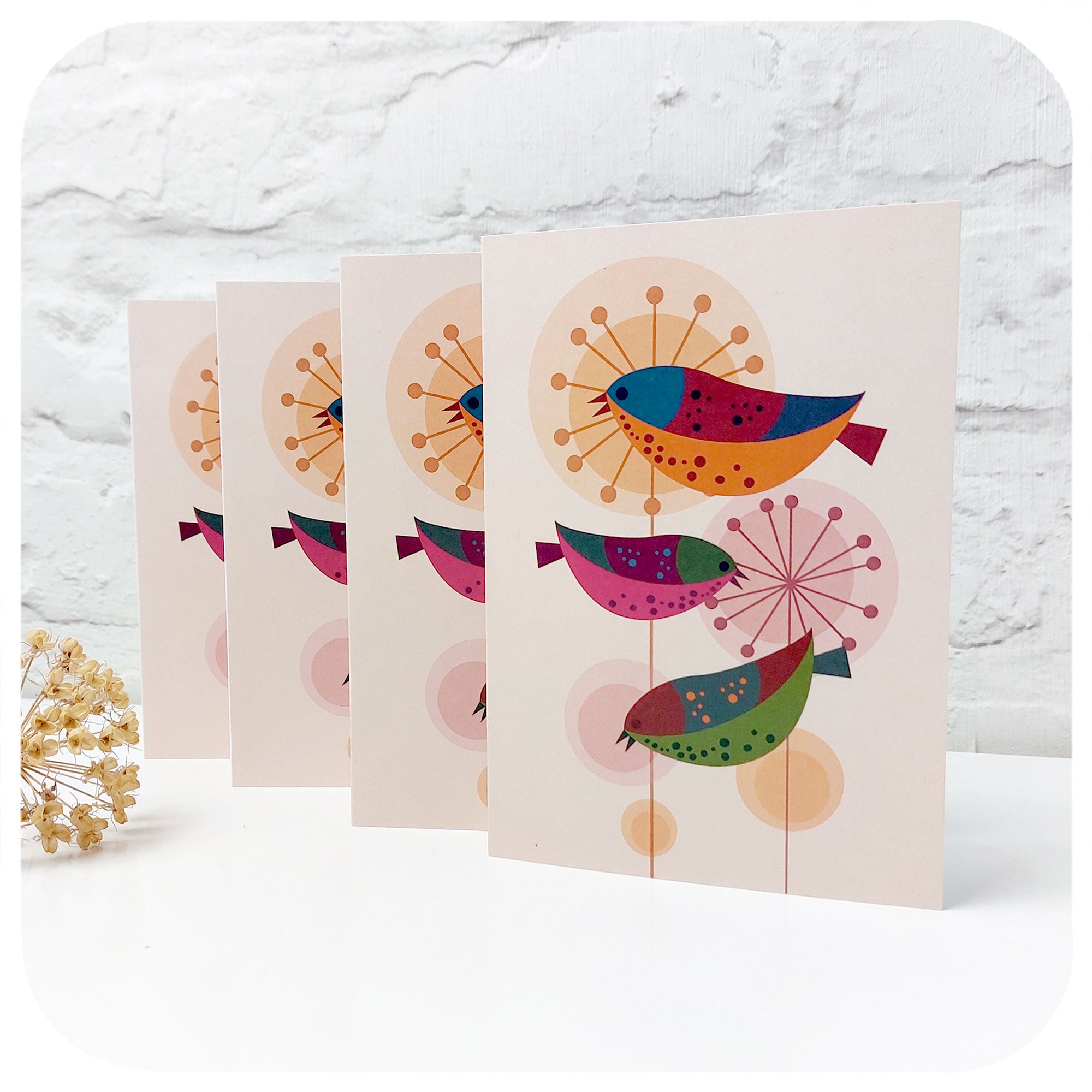 Retro Birds Blank Greetings Cards, pack of four, standing in a line on a white table | The Inkabilly Emporium