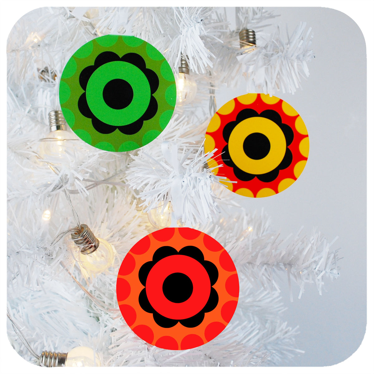 Three 70s style Christmas Tree Ornaments hanging in white Christmas tree | The Inkabilly Emporium