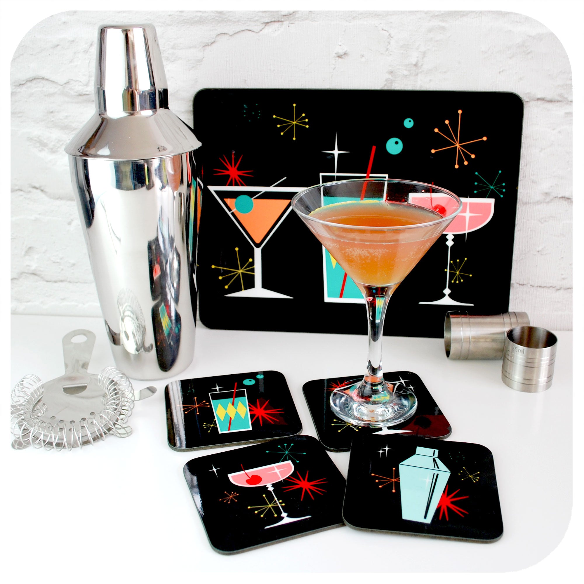 Cosmic Cocktail Coasters and Placemat with martini cocktail, cocktail shaker and cocktail accessories | The Inkabilly Emporium