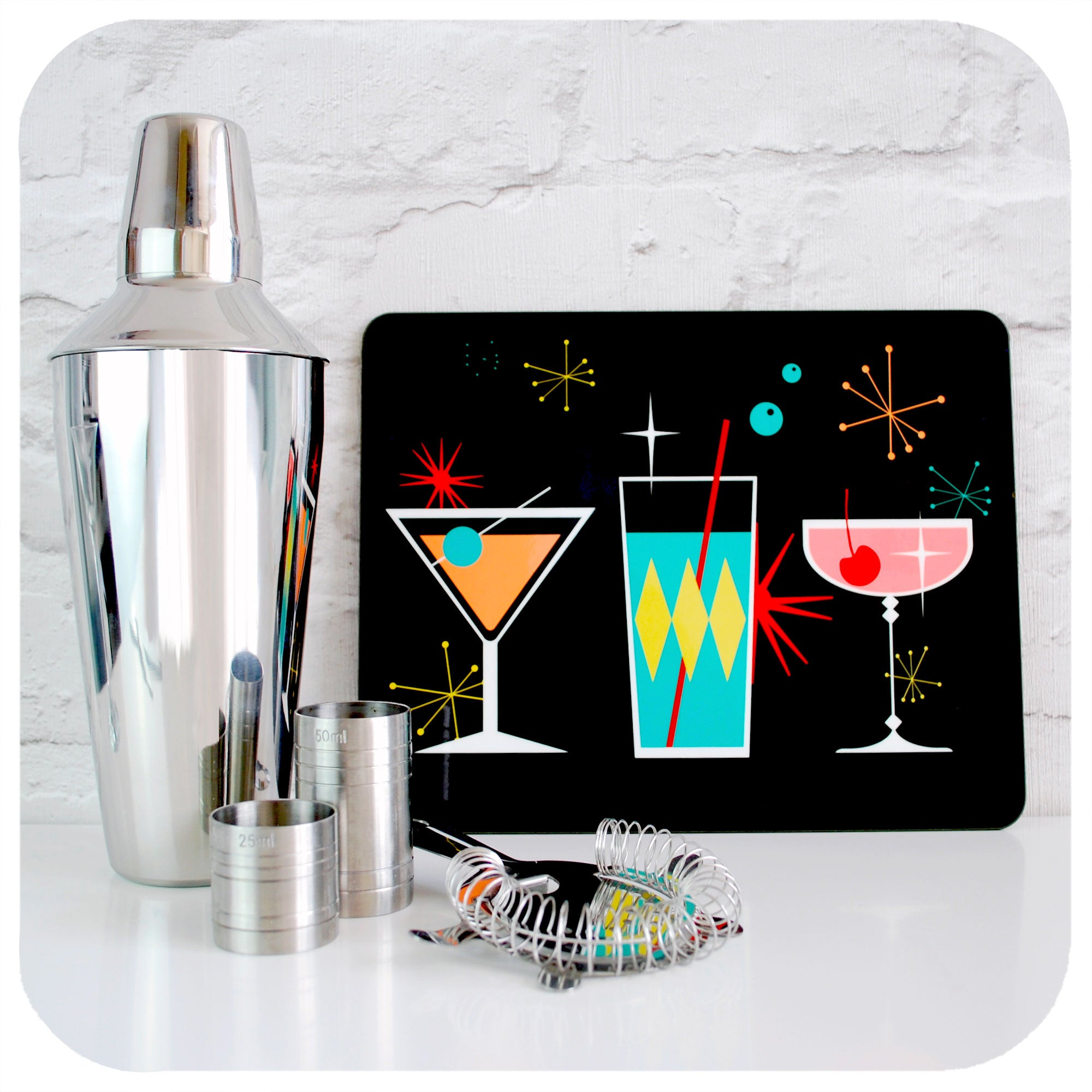 Cosmic Cocktail Placemat with retro cocktail accessories | The Inkabilly Emporium