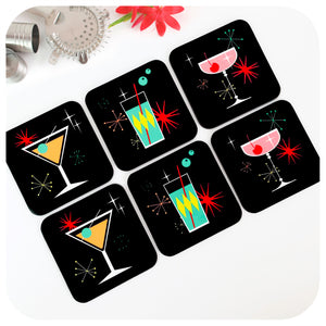 Cosmic Cocktail Coasters, set of 6, on table with cocktail bar accessories | The Inkabilly Emporium