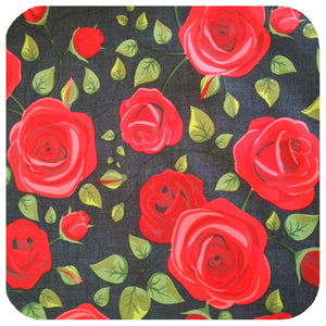 Rockabilly Rose Head Scarf, Red Roses against deep denim background  | The Inkabilly Emporium