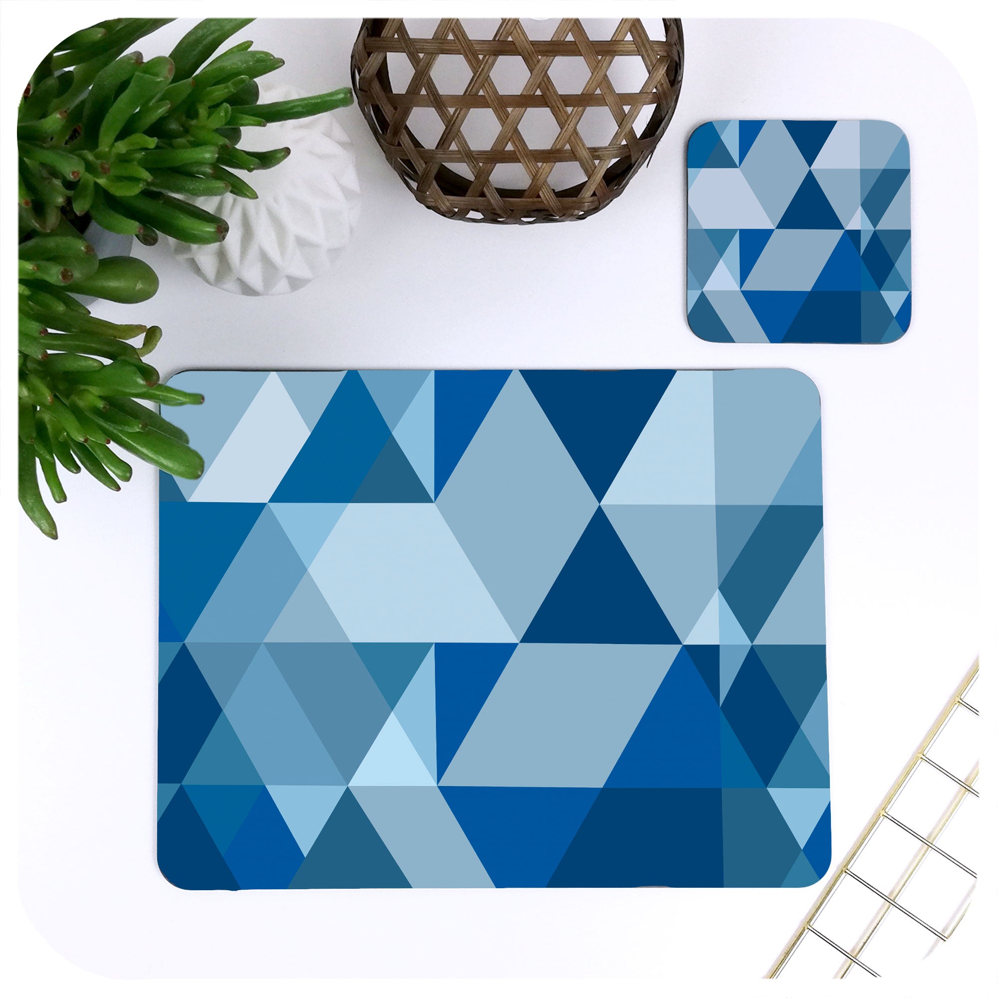 Scandinavian Geometric Tableware in Blue, one placemat and matching coaster | The Inkabilly Emporium