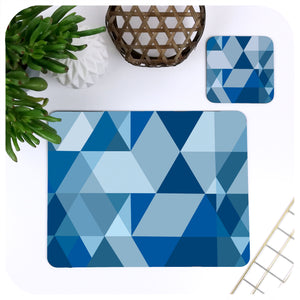 Scandi Geometric Placemat and Coaster in Blue and Grey | The Inkabilly Emporium