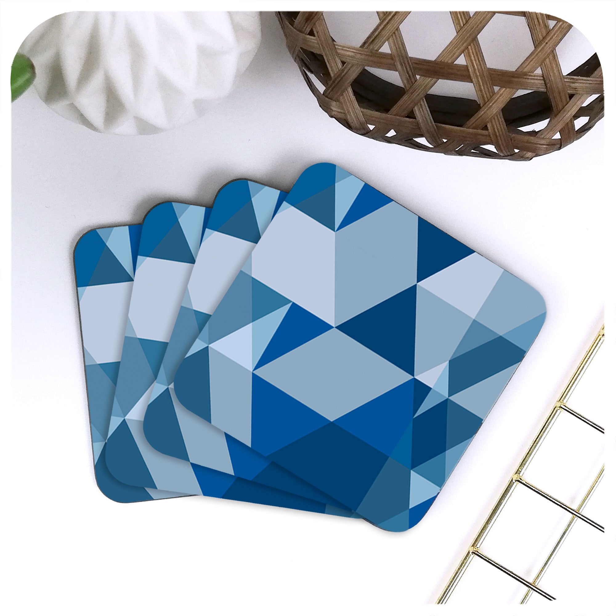 Scandi Geometric Coasters in Blue and Grey, set of four displayed in a fan | The Inkabilly Emporium