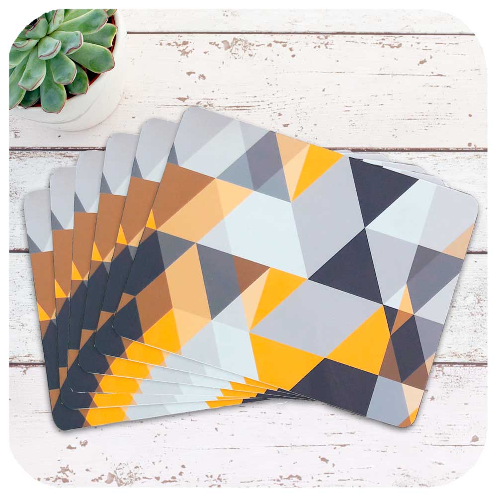 Set of 6 Scandi Geometric Placemats in Yellow & Grey | The Inkabilly Emporium