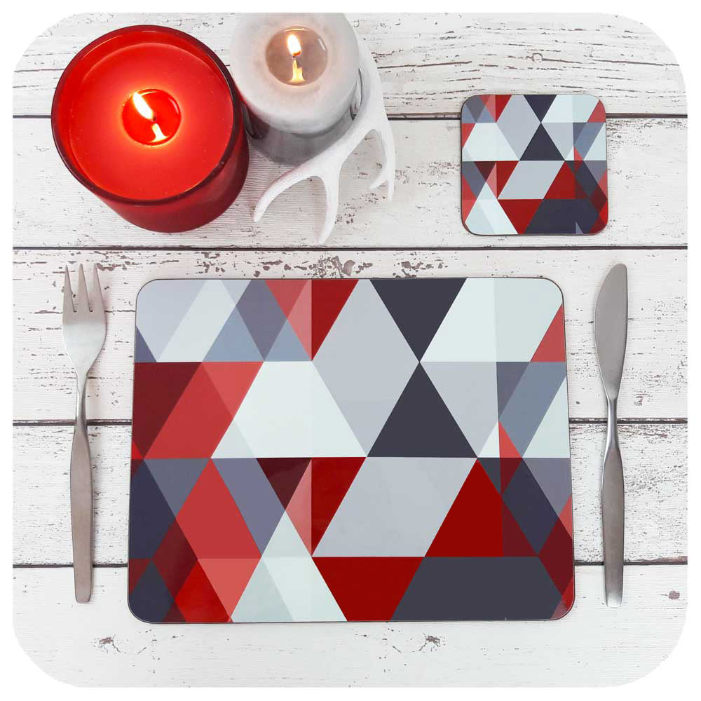 Scandi Placemat Coaster Set in Red and Grey