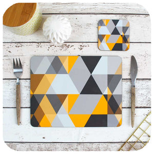 Scandi Geometric Placemat & Coaster in Yellow & Grey | The Inkabilly Emporium