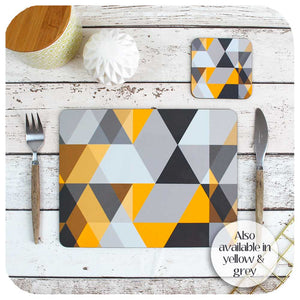 Scandi Geometric placemat and coaster in yellow and grey | The Inkabilly Emporium