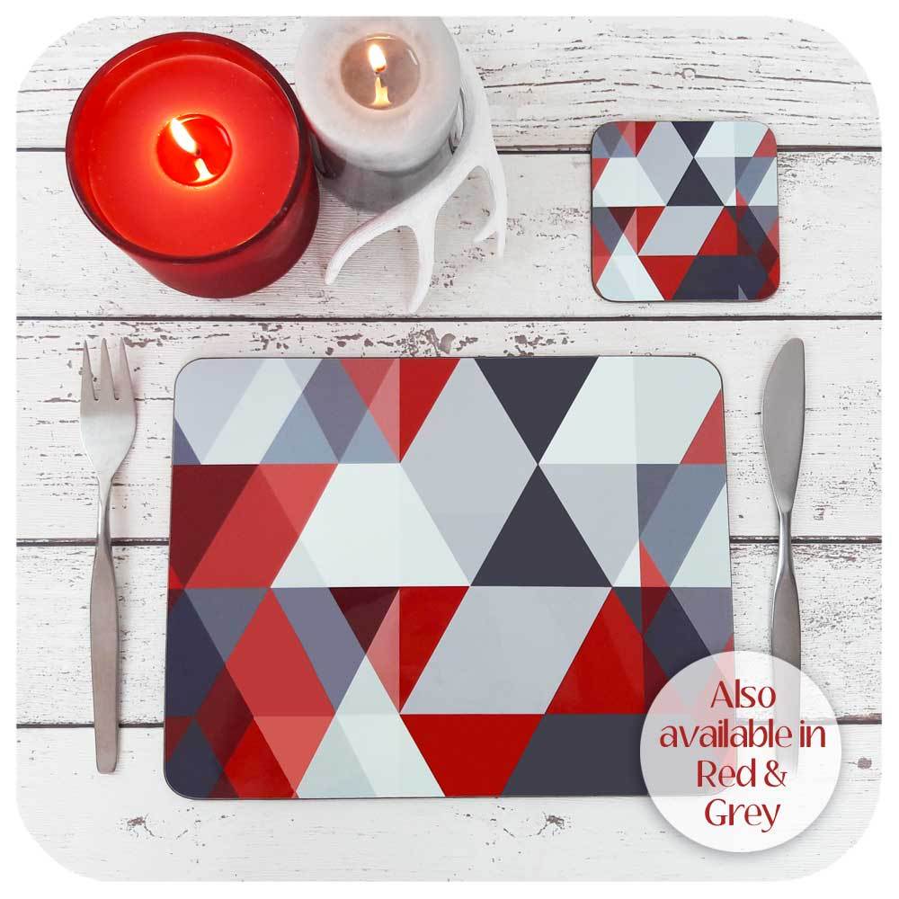 Scandi Geometric Placemat & Coaster Set, in red and grey | The Inkabilly Emporium