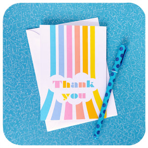 Retro Patel rainbow Thank You Card o a blue table with white envelope and blue pen | The Inkabilly Emporium