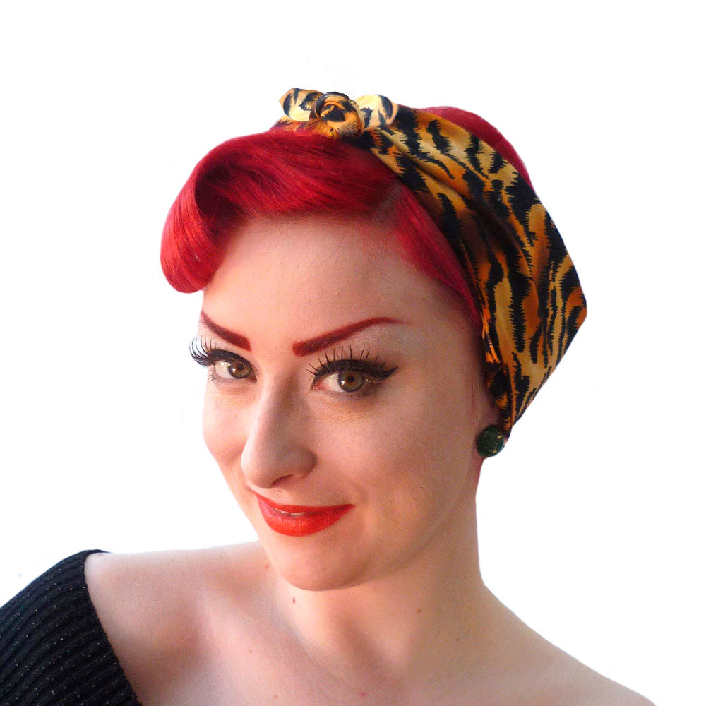 Tiger Print Bandana, modelled in a Rosie the Riveter Style | The Inkabilly Emporium