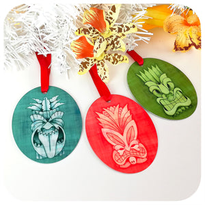 Set of 3 Tiki Christmas Tree Decorations, one green, one pink, one blue | The Inkabilly Emporium